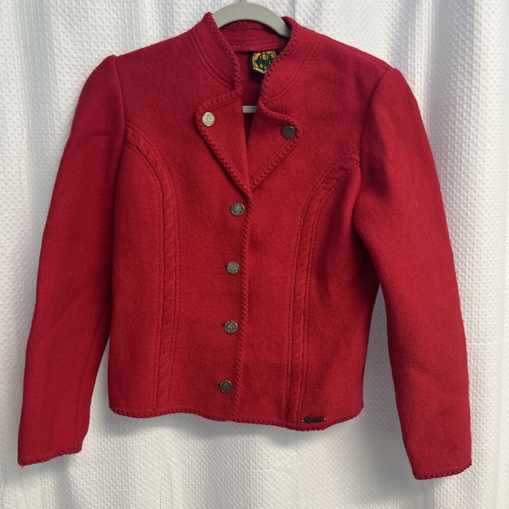 Vtg Hundt Model Red Boiled Wool Crochet Trim Military Cardigan Sweater Jacket - Picture 2 of 12